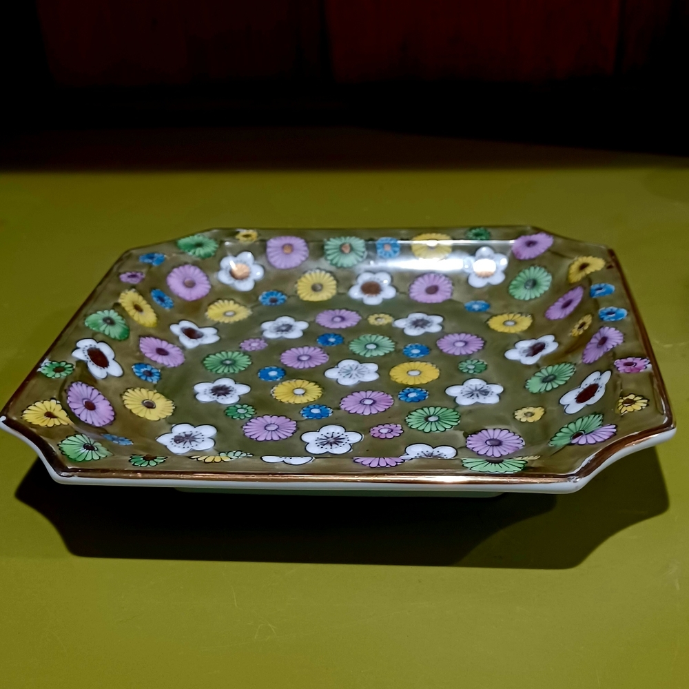 VINTAGE candy dish • floral hand painted flowers, gold trim home decor accent